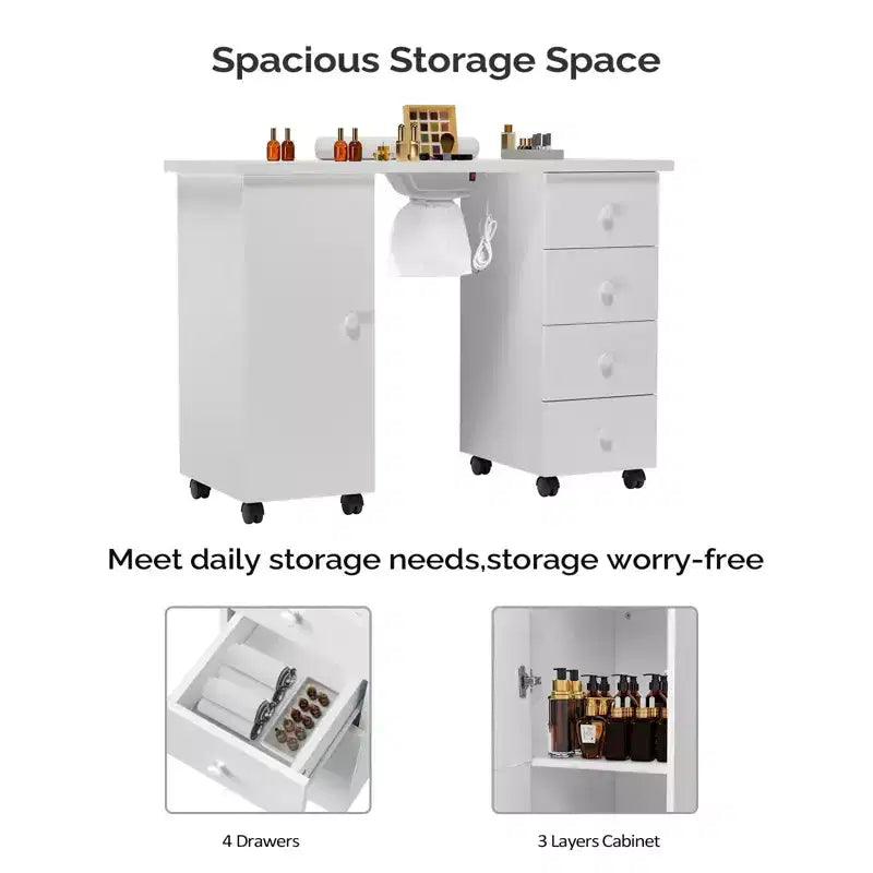 Karlhome Table de manucure en MDF blanc de 42,5 po avec 4 tiroirs, armoire, portes et collecteur de poussière électrique