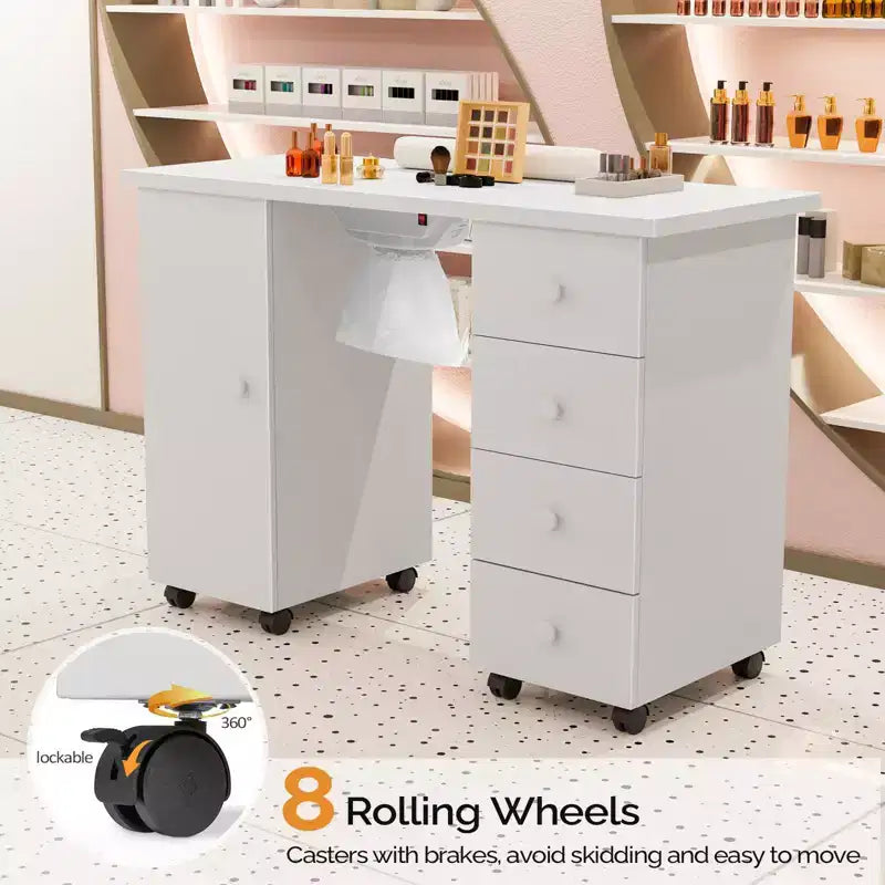 Karlhome Table de manucure en MDF blanc de 42,5 po avec 4 tiroirs, armoire, portes et collecteur de poussière électrique