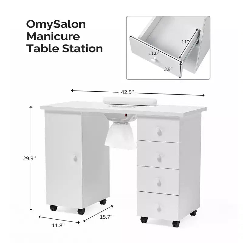 Karlhome Table de manucure en MDF blanc de 42,5 po avec 4 tiroirs, armoire, portes et collecteur de poussière électrique