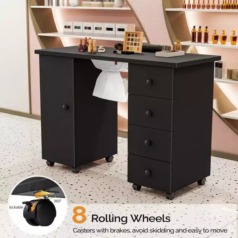 Karlhome Table de manucure en MDF blanc de 42,5 po avec 4 tiroirs, armoire, portes et collecteur de poussière électrique