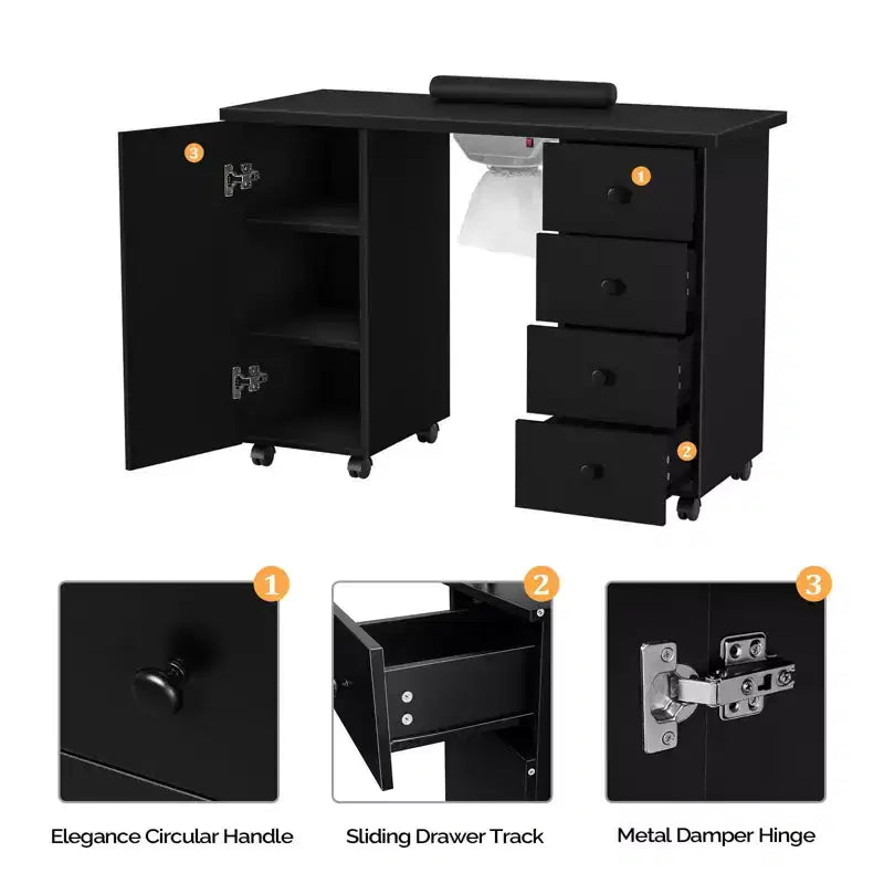 Karlhome Table de manucure en MDF blanc de 42,5 po avec 4 tiroirs, armoire, portes et collecteur de poussière électrique
