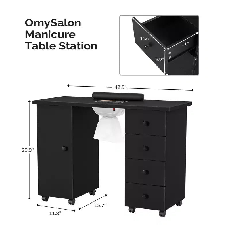 Karlhome Table de manucure en MDF blanc de 42,5 po avec 4 tiroirs, armoire, portes et collecteur de poussière électrique
