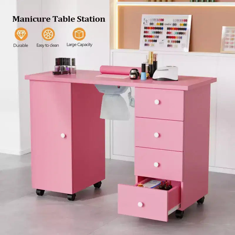 Karlhome Table de manucure en MDF blanc de 42,5 po avec 4 tiroirs, armoire, portes et collecteur de poussière électrique