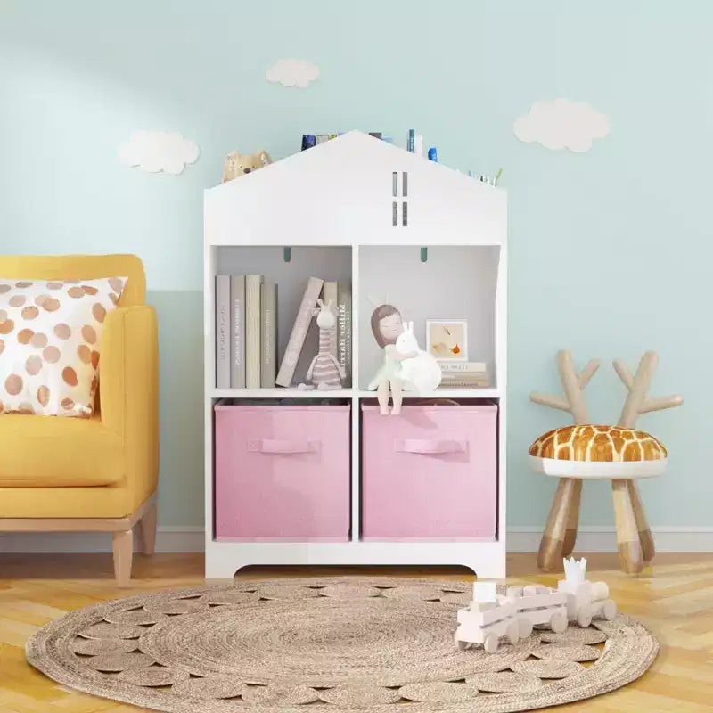 Bibliothèque Maison de Poupée pour Enfants avec Rangement, Étagère à Livres pour Tout-Petits, Organisateur de Rangement à 2 Niveaux avec 2 Tiroirs en Tissu Pliables pour Chambre de Garçons et Filles