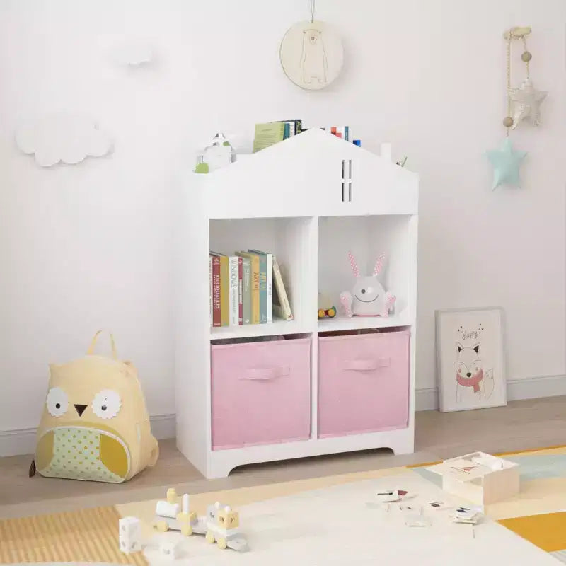 Bibliothèque Maison de Poupée pour Enfants avec Rangement, Étagère à Livres pour Tout-Petits, Organisateur de Rangement à 2 Niveaux avec 2 Tiroirs en Tissu Pliables pour Chambre de Garçons et Filles
