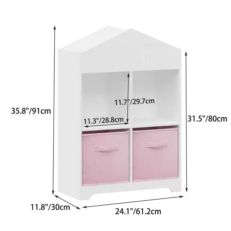 Bibliothèque Maison de Poupée pour Enfants avec Rangement, Étagère à Livres pour Tout-Petits, Organisateur de Rangement à 2 Niveaux avec 2 Tiroirs en Tissu Pliables pour Chambre de Garçons et Filles