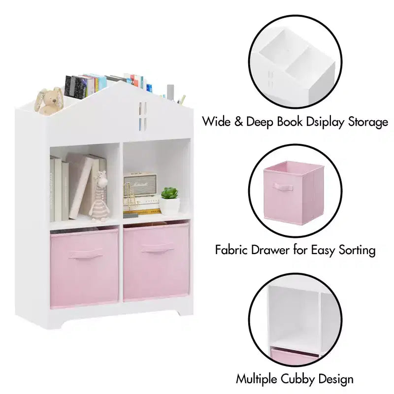 Bibliothèque Maison de Poupée pour Enfants avec Rangement, Étagère à Livres pour Tout-Petits, Organisateur de Rangement à 2 Niveaux avec 2 Tiroirs en Tissu Pliables pour Chambre de Garçons et Filles
