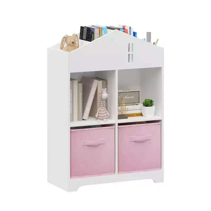 Bibliothèque Maison de Poupée pour Enfants avec Rangement, Étagère à Livres pour Tout-Petits, Organisateur de Rangement à 2 Niveaux avec 2 Tiroirs en Tissu Pliables pour Chambre de Garçons et Filles