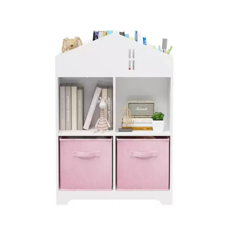 Bibliothèque Maison de Poupée pour Enfants avec Rangement, Étagère à Livres pour Tout-Petits, Organisateur de Rangement à 2 Niveaux avec 2 Tiroirs en Tissu Pliables pour Chambre de Garçons et Filles