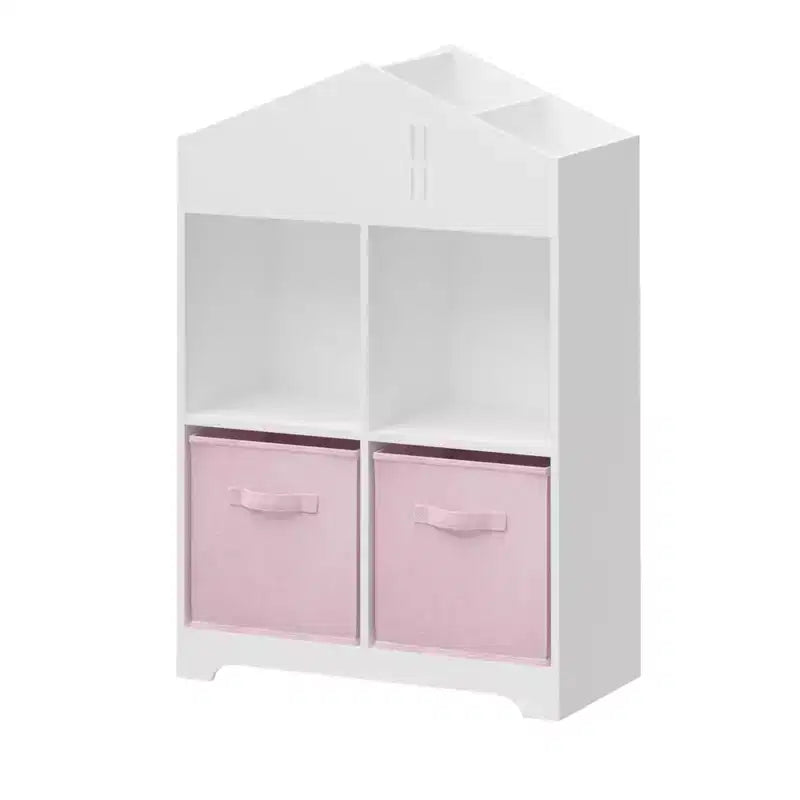Bibliothèque Maison de Poupée pour Enfants avec Rangement, Étagère à Livres pour Tout-Petits, Organisateur de Rangement à 2 Niveaux avec 2 Tiroirs en Tissu Pliables pour Chambre de Garçons et Filles