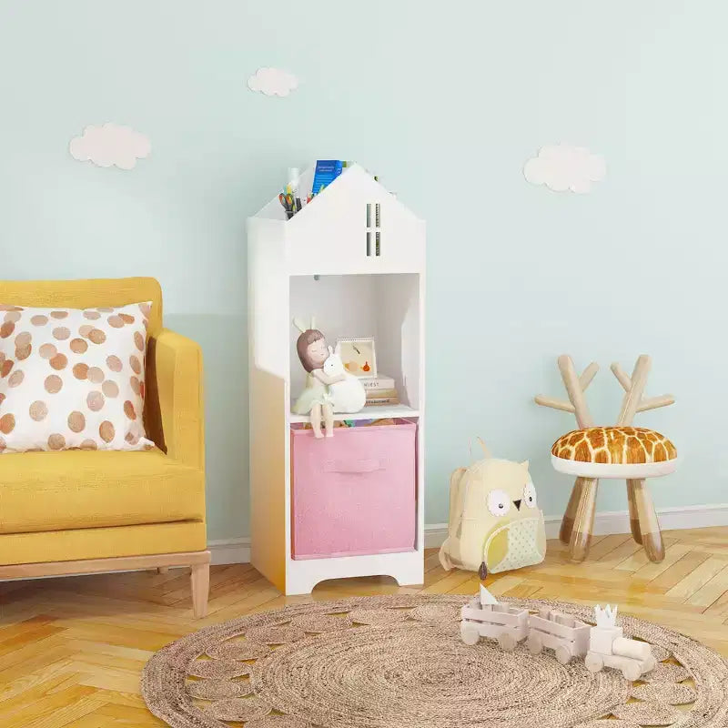 Bibliothèque Maison de Poupée pour Enfants avec Rangement, Étagère à Livres pour Tout-Petits, Organisateur de Rangement à 2 Niveaux avec 2 Tiroirs en Tissu Pliables pour Chambre de Garçons et Filles