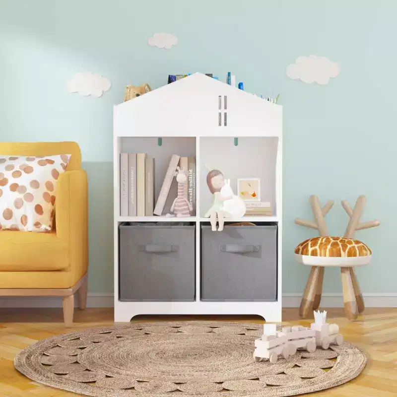 Bibliothèque Maison de Poupée pour Enfants avec Rangement, Étagère à Livres pour Tout-Petits, Organisateur de Rangement à 2 Niveaux avec 2 Tiroirs en Tissu Pliables pour Chambre de Garçons et Filles
