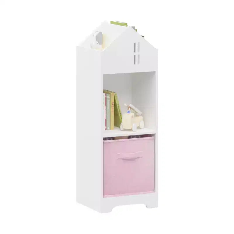 Bibliothèque Maison de Poupée pour Enfants avec Rangement, Étagère à Livres pour Tout-Petits, Organisateur de Rangement à 2 Niveaux avec 2 Tiroirs en Tissu Pliables pour Chambre de Garçons et Filles