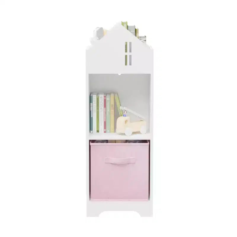 Bibliothèque Maison de Poupée pour Enfants avec Rangement, Étagère à Livres pour Tout-Petits, Organisateur de Rangement à 2 Niveaux avec 2 Tiroirs en Tissu Pliables pour Chambre de Garçons et Filles