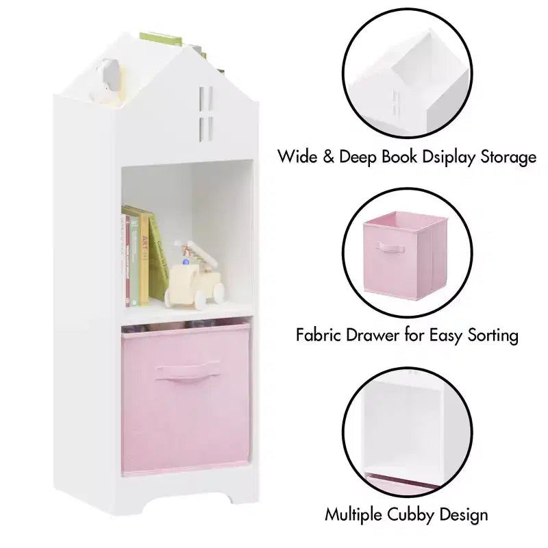 Bibliothèque Maison de Poupée pour Enfants avec Rangement, Étagère à Livres pour Tout-Petits, Organisateur de Rangement à 2 Niveaux avec 2 Tiroirs en Tissu Pliables pour Chambre de Garçons et Filles