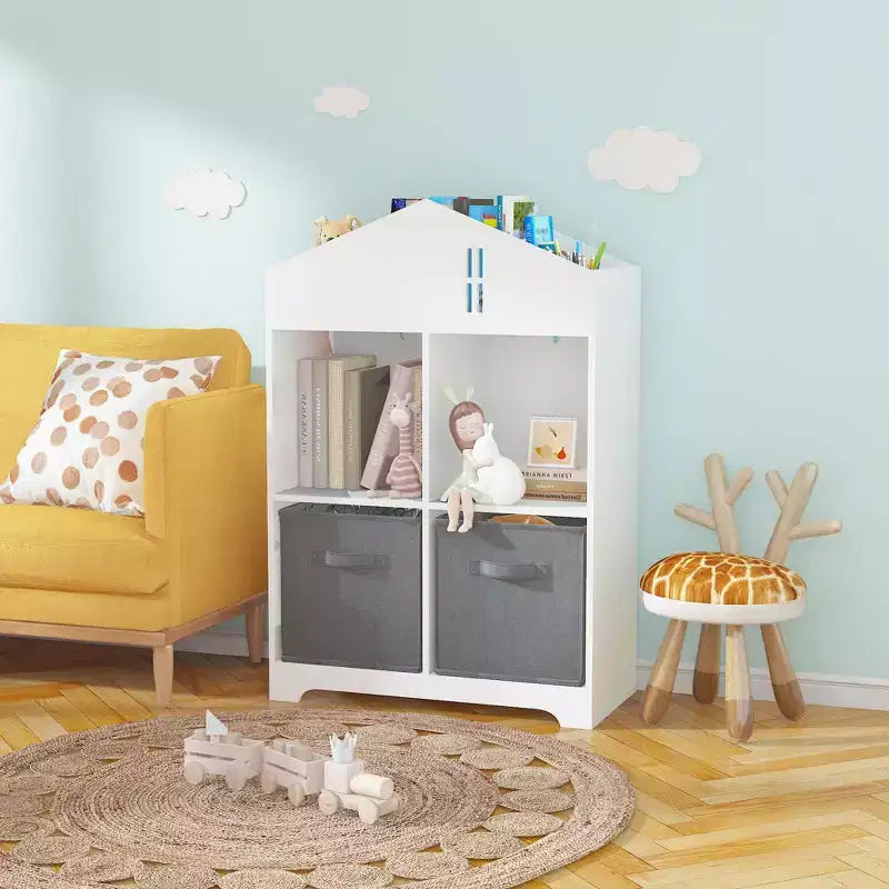 Bibliothèque Maison de Poupée pour Enfants avec Rangement, Étagère à Livres pour Tout-Petits, Organisateur de Rangement à 2 Niveaux avec 2 Tiroirs en Tissu Pliables pour Chambre de Garçons et Filles