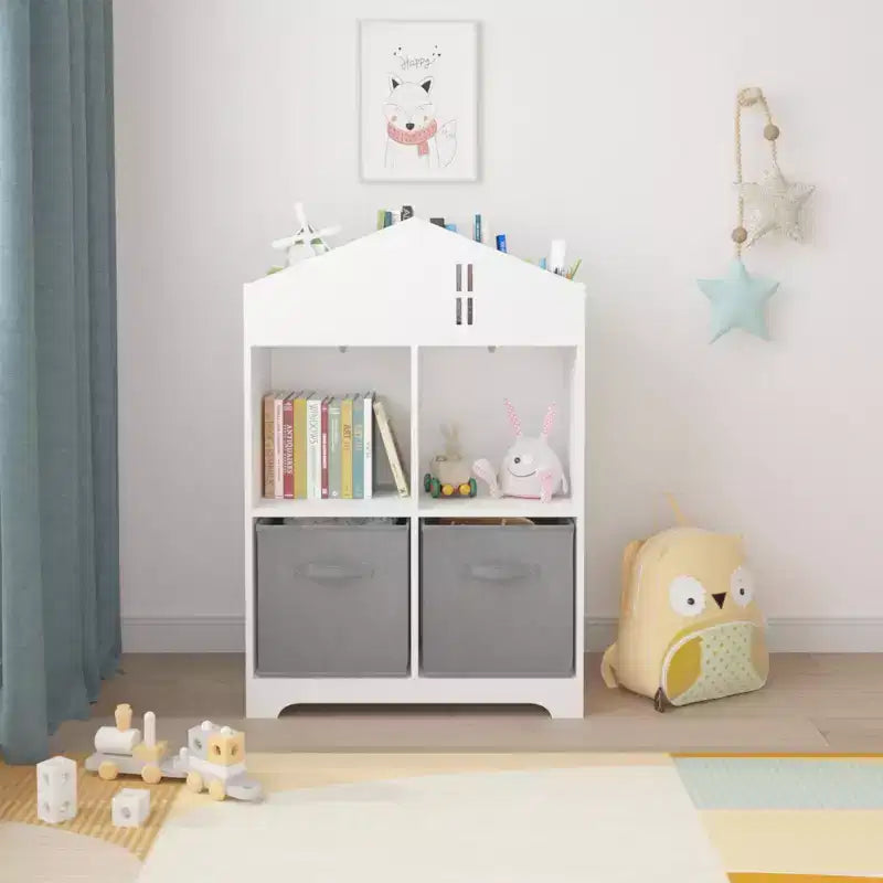 Bibliothèque Maison de Poupée pour Enfants avec Rangement, Étagère à Livres pour Tout-Petits, Organisateur de Rangement à 2 Niveaux avec 2 Tiroirs en Tissu Pliables pour Chambre de Garçons et Filles