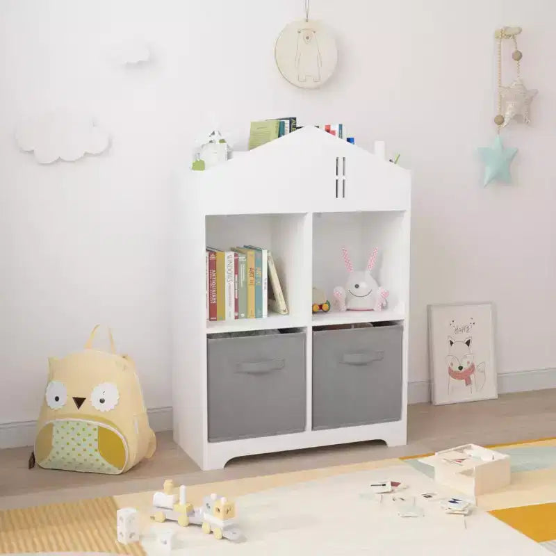 Bibliothèque Maison de Poupée pour Enfants avec Rangement, Étagère à Livres pour Tout-Petits, Organisateur de Rangement à 2 Niveaux avec 2 Tiroirs en Tissu Pliables pour Chambre de Garçons et Filles
