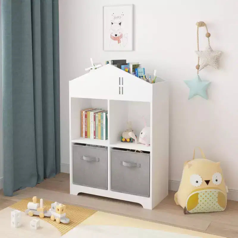 Bibliothèque Maison de Poupée pour Enfants avec Rangement, Étagère à Livres pour Tout-Petits, Organisateur de Rangement à 2 Niveaux avec 2 Tiroirs en Tissu Pliables pour Chambre de Garçons et Filles