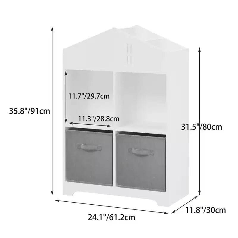 Bibliothèque Maison de Poupée pour Enfants avec Rangement, Étagère à Livres pour Tout-Petits, Organisateur de Rangement à 2 Niveaux avec 2 Tiroirs en Tissu Pliables pour Chambre de Garçons et Filles