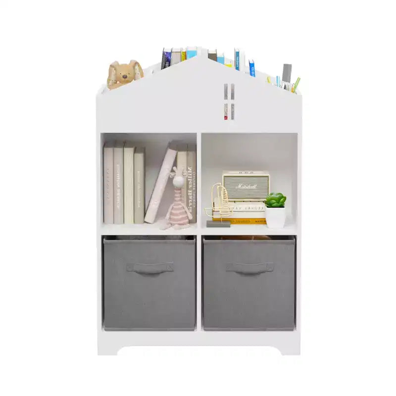 Bibliothèque Maison de Poupée pour Enfants avec Rangement, Étagère à Livres pour Tout-Petits, Organisateur de Rangement à 2 Niveaux avec 2 Tiroirs en Tissu Pliables pour Chambre de Garçons et Filles