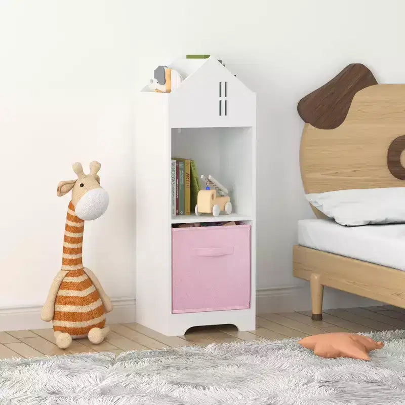 Bibliothèque Maison de Poupée pour Enfants avec Rangement, Étagère à Livres pour Tout-Petits, Organisateur de Rangement à 2 Niveaux avec 2 Tiroirs en Tissu Pliables pour Chambre de Garçons et Filles