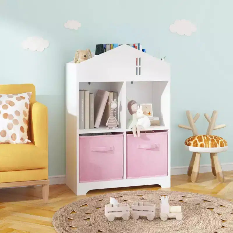 Bibliothèque Maison de Poupée pour Enfants avec Rangement, Étagère à Livres pour Tout-Petits, Organisateur de Rangement à 2 Niveaux avec 2 Tiroirs en Tissu Pliables pour Chambre de Garçons et Filles