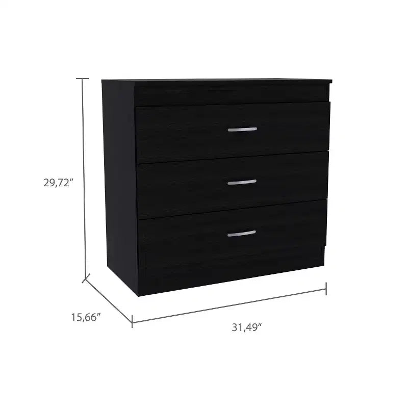 Commode compacte Okak Modern à 3 tiroirs finition bois, tiroirs superposés pour un grand espace de rangement, poignées métalliques pour salon/chambre/bureau