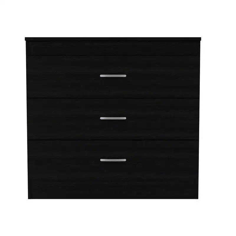 Commode compacte Okak Modern à 3 tiroirs finition bois, tiroirs superposés pour un grand espace de rangement, poignées métalliques pour salon/chambre/bureau