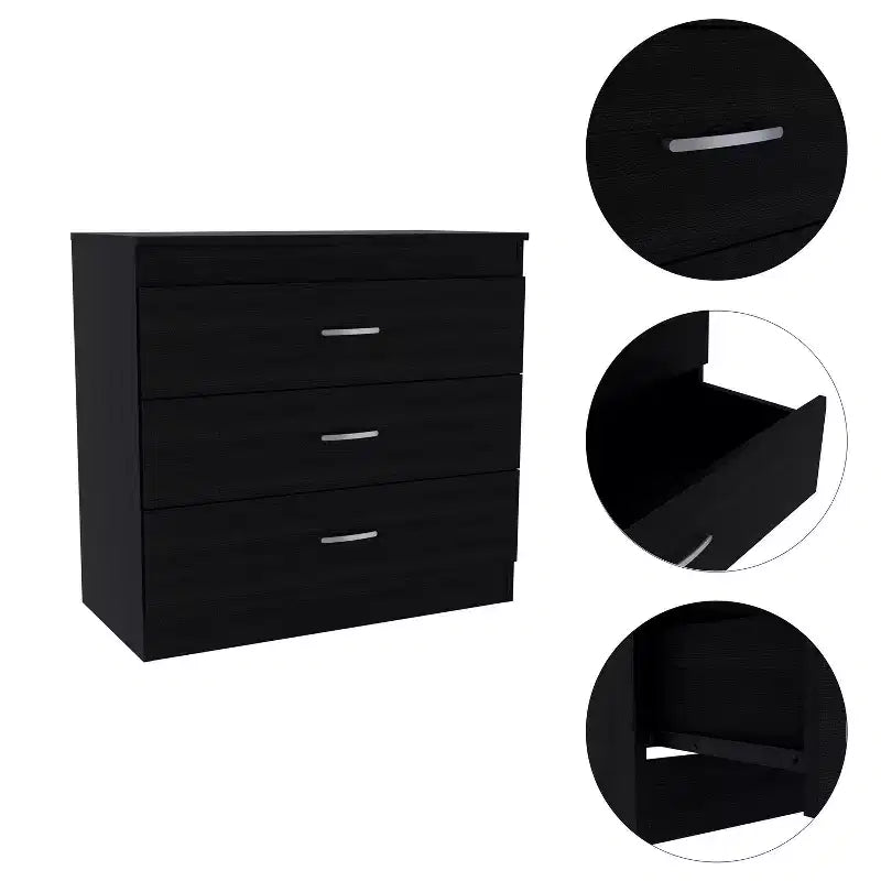 Commode compacte Okak Modern à 3 tiroirs finition bois, tiroirs superposés pour un grand espace de rangement, poignées métalliques pour salon/chambre/bureau