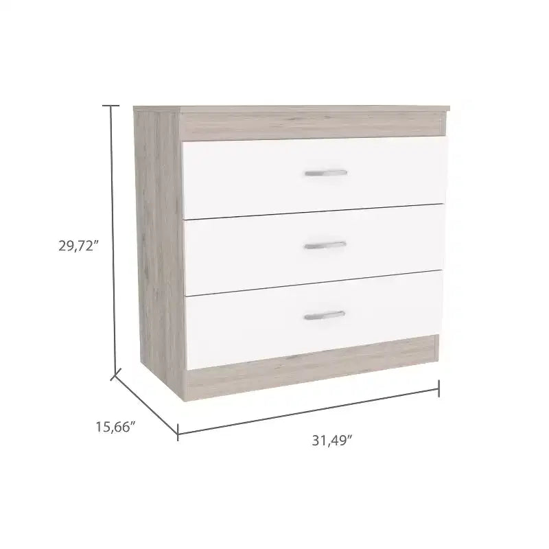 Commode compacte Okak Modern à 3 tiroirs finition bois, tiroirs superposés pour un grand espace de rangement, poignées métalliques pour salon/chambre/bureau