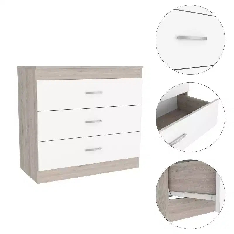 Commode compacte Okak Modern à 3 tiroirs finition bois, tiroirs superposés pour un grand espace de rangement, poignées métalliques pour salon/chambre/bureau