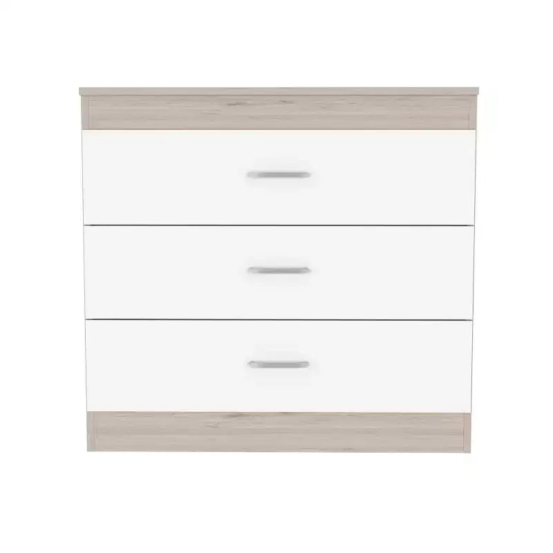 Commode compacte Okak Modern à 3 tiroirs finition bois, tiroirs superposés pour un grand espace de rangement, poignées métalliques pour salon/chambre/bureau