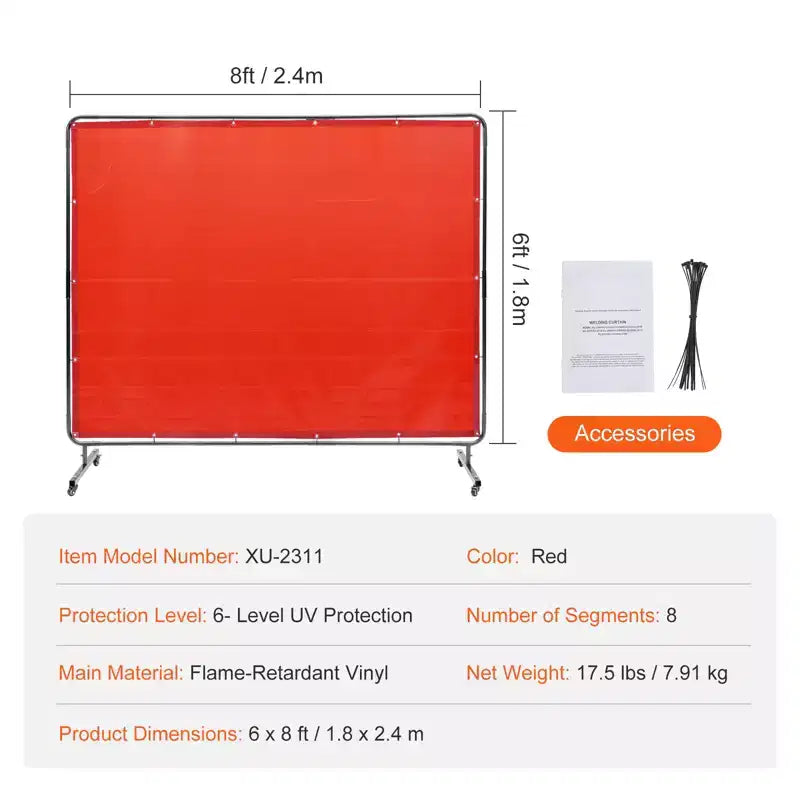 Écran de Soudage VEVOR avec Cadre, Écran de Soudage 1,8 x 2,4 m, Écran de Protection de Soudage en Vinyle Ignifuge sur 4 Roues Pivotantes (2 Verrouillables), Rouge
