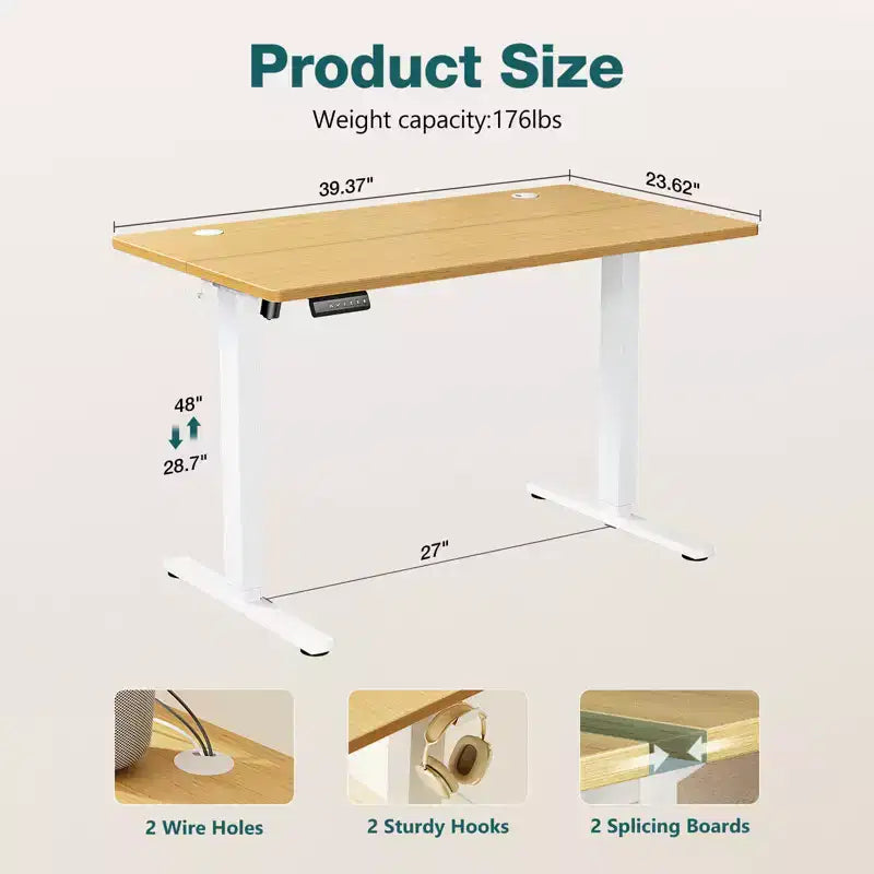 Bureau électrique ergonomique réglable en hauteur avec cadre métallique en T et préréglages de mémoire, poste de travail informatique moderne 39.30x23.60x45.40-Jaune
