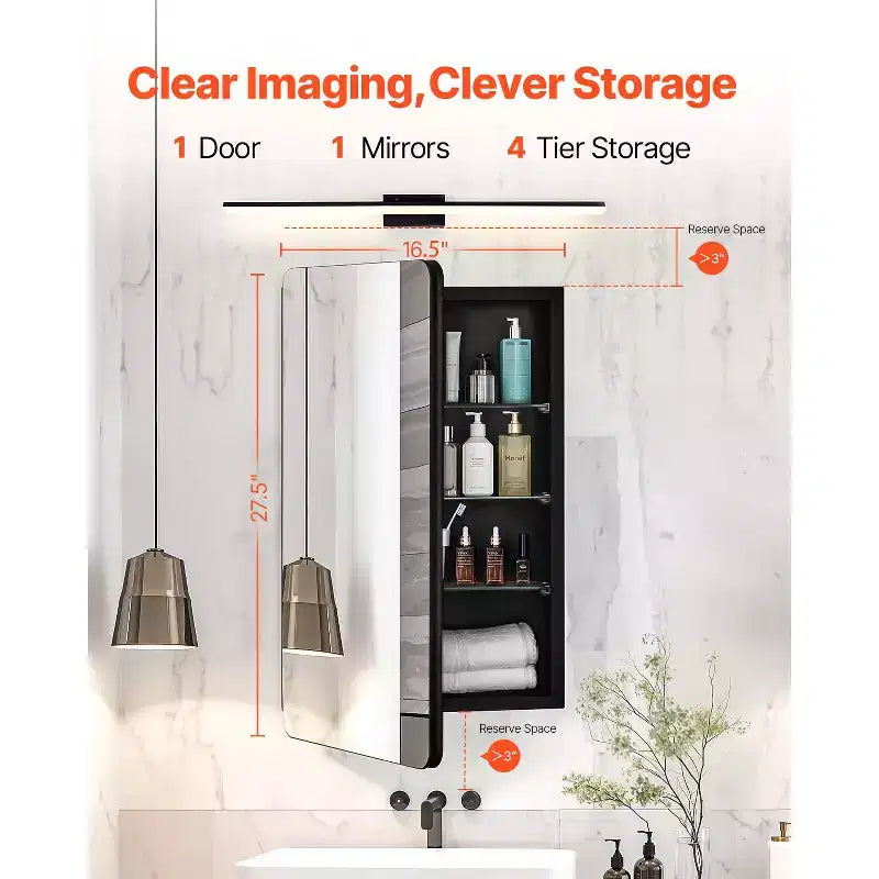 Meuble à pharmacie VEVOR, 42 x 70 cm, armoire de toilette avec miroir, cadre en aluminium, étagères réglables sur 3 niveaux, noir