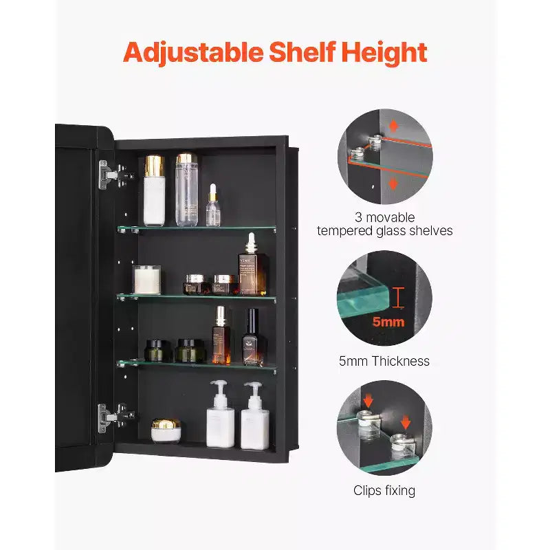 Meuble à pharmacie VEVOR, 42 x 70 cm, armoire de toilette avec miroir, cadre en aluminium, étagères réglables sur 3 niveaux, noir