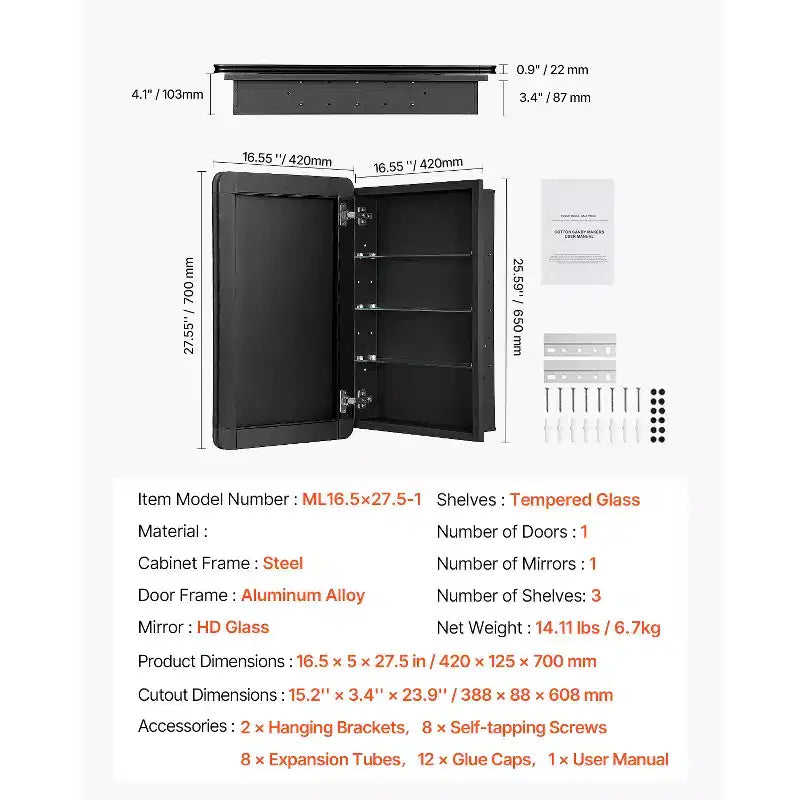 Meuble à pharmacie VEVOR, 42 x 70 cm, armoire de toilette avec miroir, cadre en aluminium, étagères réglables sur 3 niveaux, noir