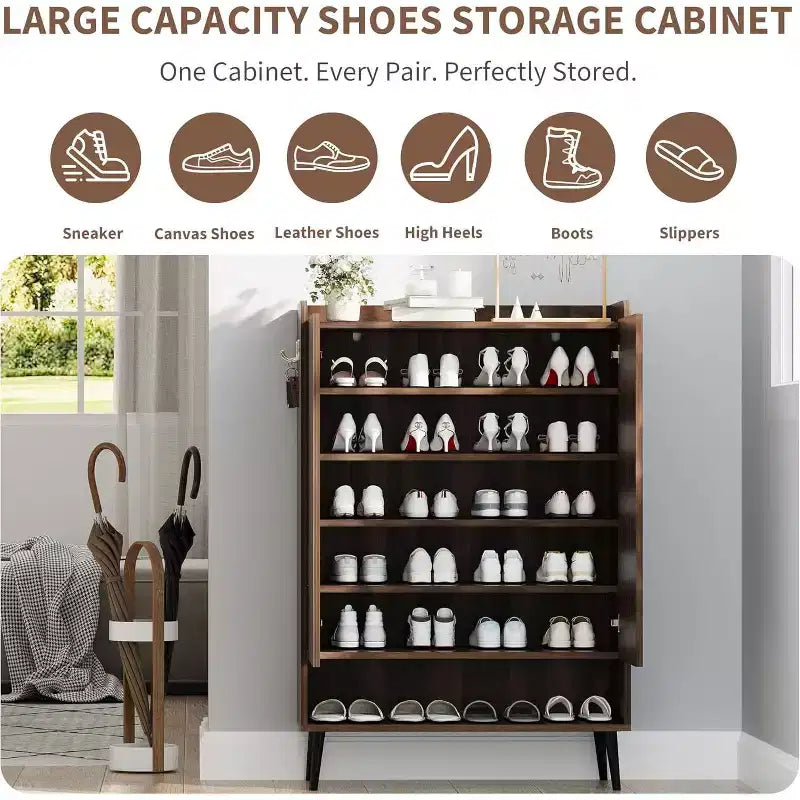 Grand meuble à chaussures avec 2 portes, 6 étagères réglables, organiseur de chaussures autoportant pour entrée avec crochets, marron