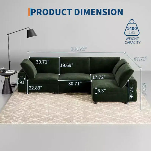 Canapé d'angle en velours Acekool, vert | 4 places avec chargement USB et 6 oreillers | Canapé modulable Cloud pour espaces de vie
