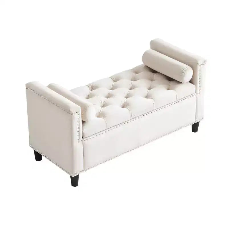 Banc de rangement TUYOHW, banc de chevet en velours capitonné, banc de chambre rembourré pour entrée et salon avec accoudoirs, crème