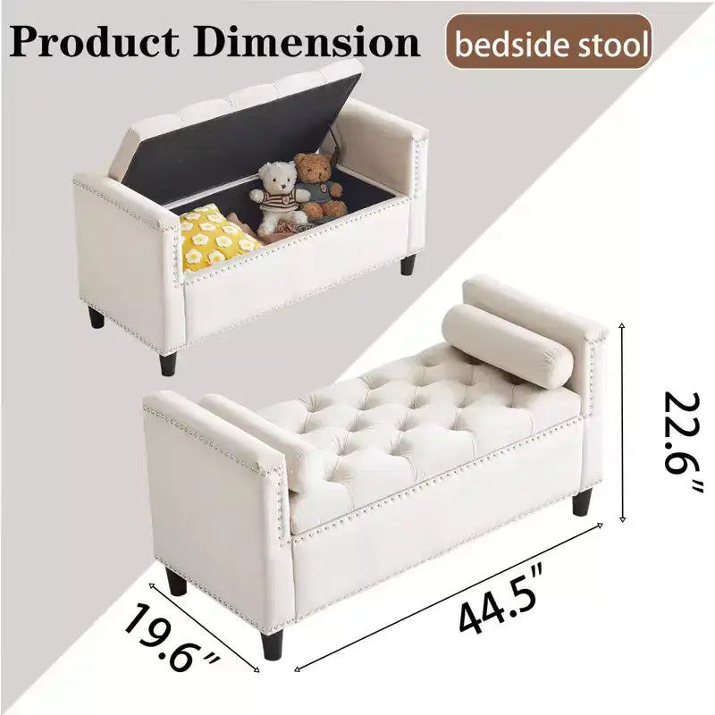 Banc de rangement TUYOHW, banc de chevet en velours capitonné, banc de chambre rembourré pour entrée et salon avec accoudoirs, crème