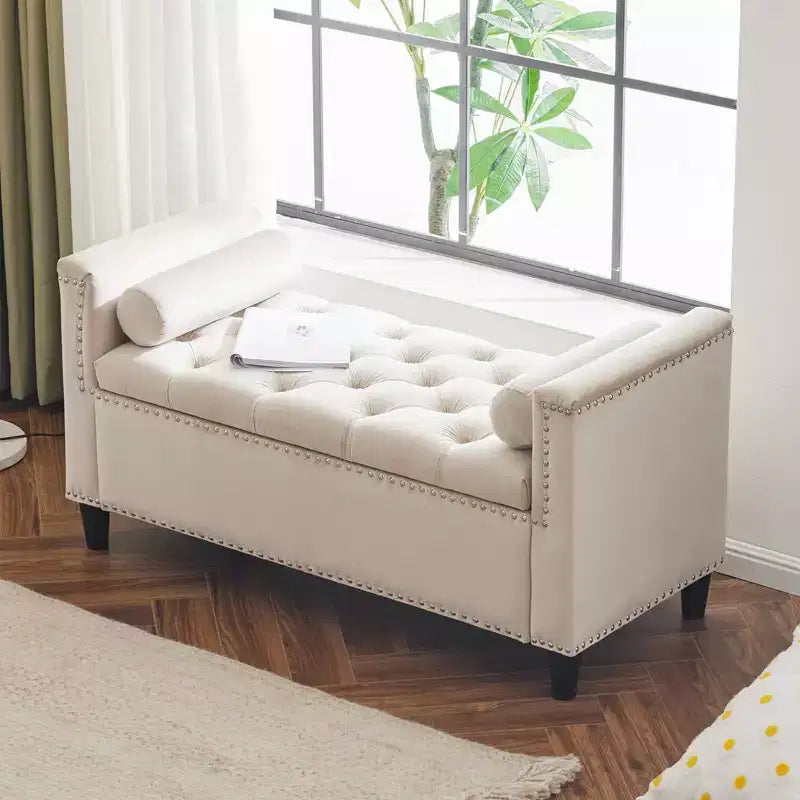 Banc de rangement TUYOHW, banc de chevet en velours capitonné, banc de chambre rembourré pour entrée et salon avec accoudoirs, crème