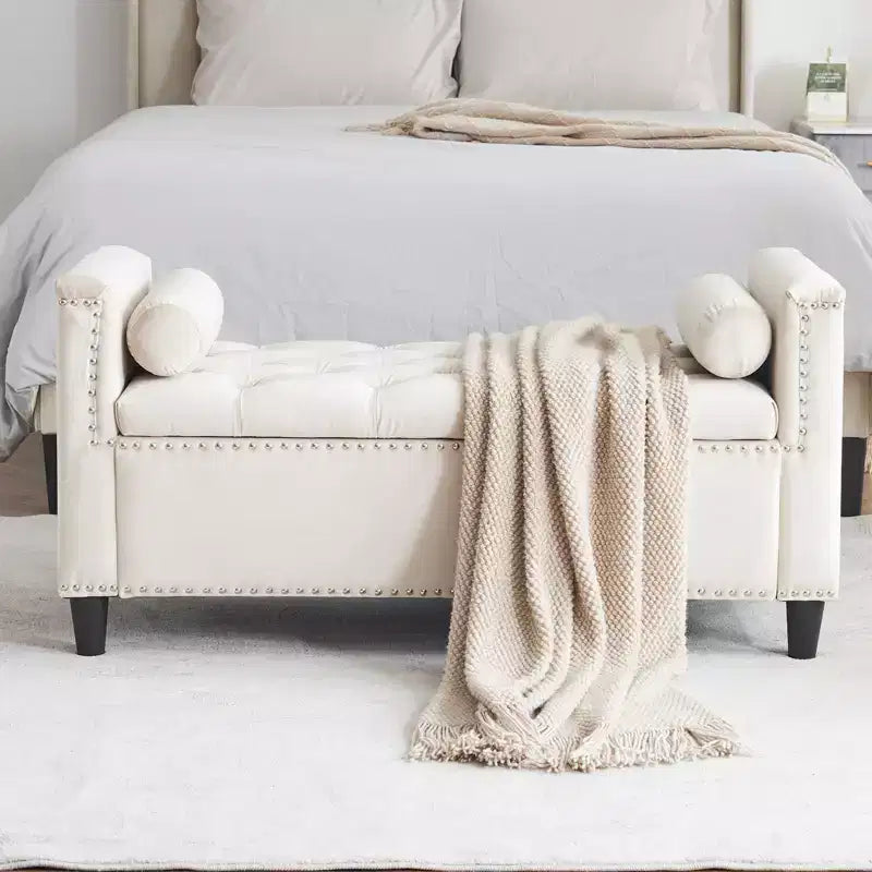 Banc de rangement TUYOHW, banc de chevet en velours capitonné, banc de chambre rembourré pour entrée et salon avec accoudoirs, crème