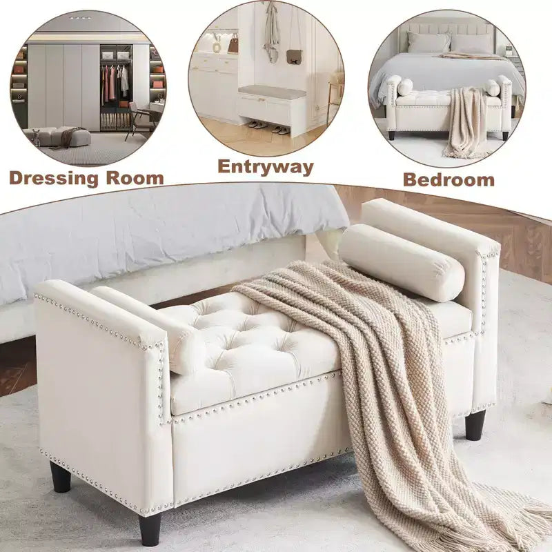Banc de rangement TUYOHW, banc de chevet en velours capitonné, banc de chambre rembourré pour entrée et salon avec accoudoirs, crème