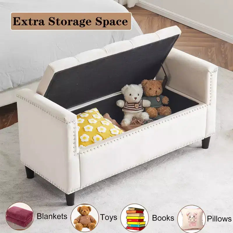 Banc de rangement TUYOHW, banc de chevet en velours capitonné, banc de chambre rembourré pour entrée et salon avec accoudoirs, crème