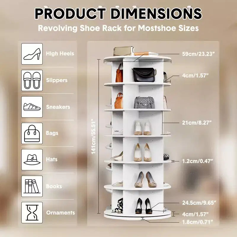 GustoWave Tour à chaussures rotative, Organisateur de chaussures pivotant à 360°, Étagère rotative, Rangement grande capacité Carrousel rond, Étagère à livres, Support de sac à main