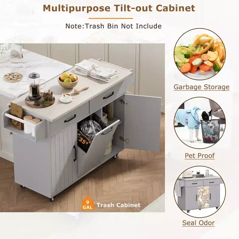 Desserte de cuisine roulante CLIHOME avec poubelle intégrée, chariot de cuisine avec abattant, porte-épices, porte-serviettes et tiroir