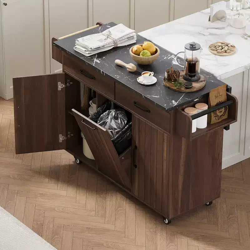 Desserte de cuisine roulante CLIHOME avec poubelle intégrée, chariot de cuisine avec abattant, porte-épices, porte-serviettes et tiroir