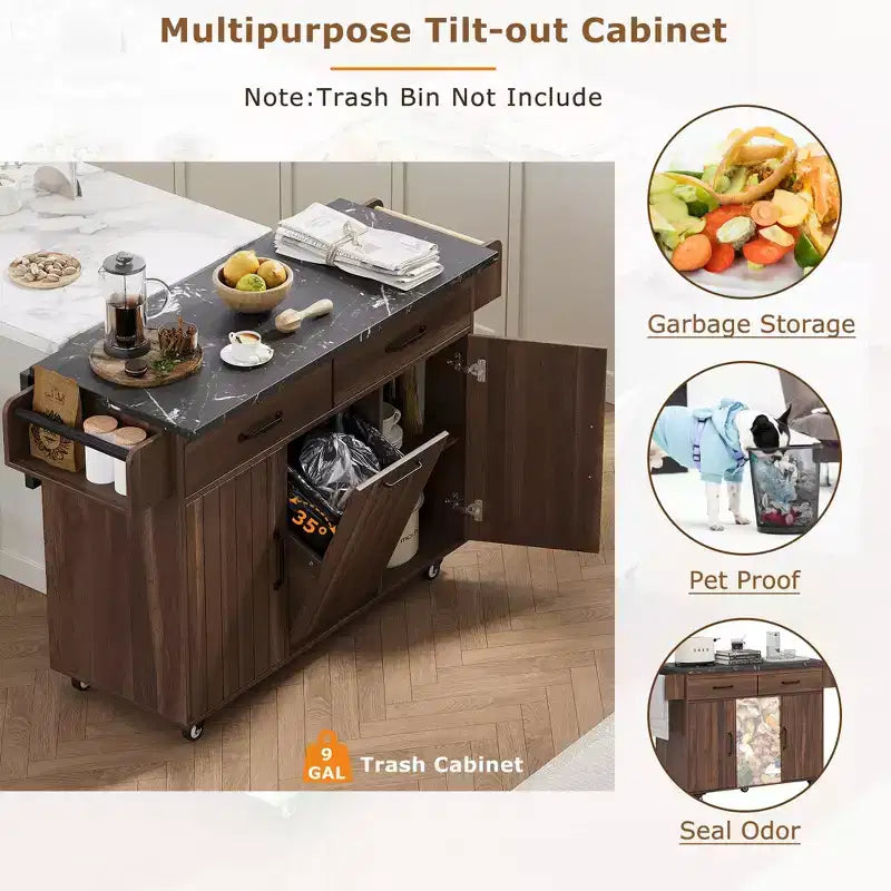 Desserte de cuisine roulante CLIHOME avec poubelle intégrée, chariot de cuisine avec abattant, porte-épices, porte-serviettes et tiroir